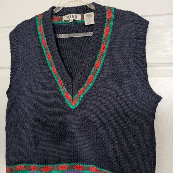 Vintage Mika Wool Sweater Vest Womens Size Medium Blue Knit V Neck Sleeveless - Picture 2 of 9